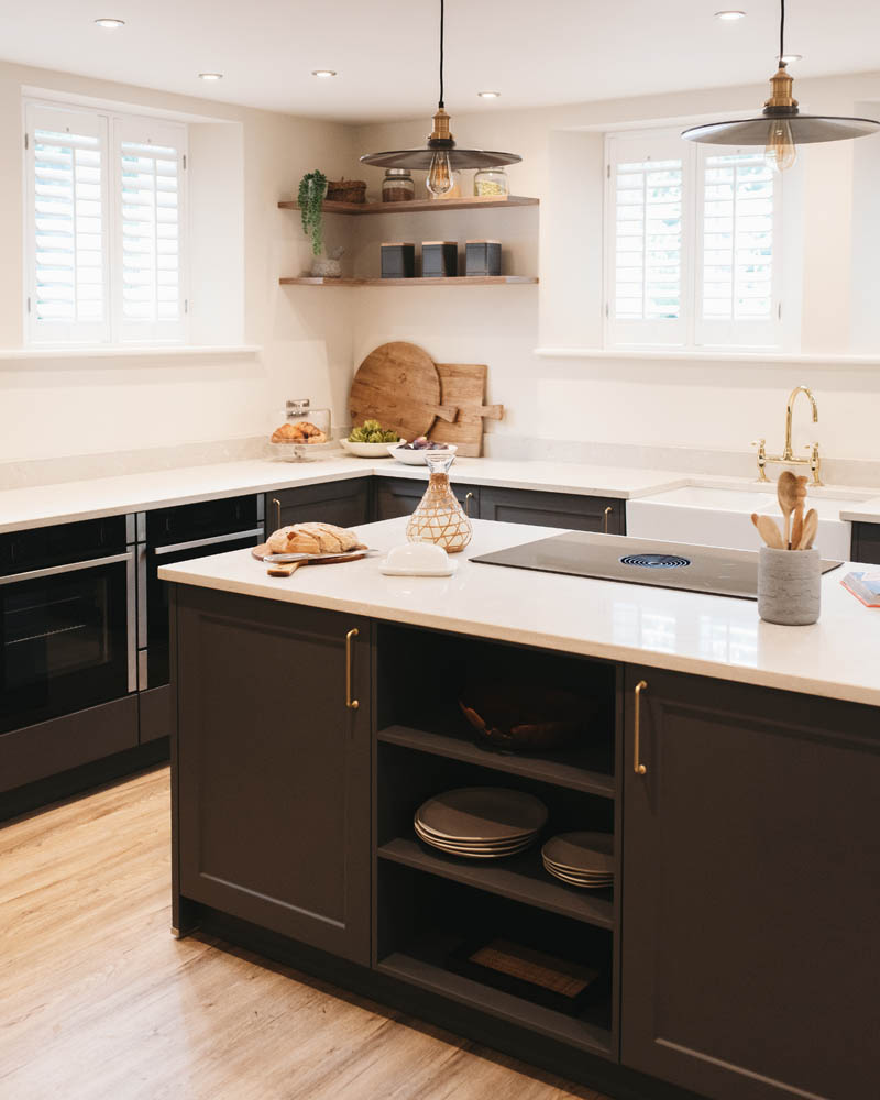 kitchen with open shelves and dark grey cabinetry