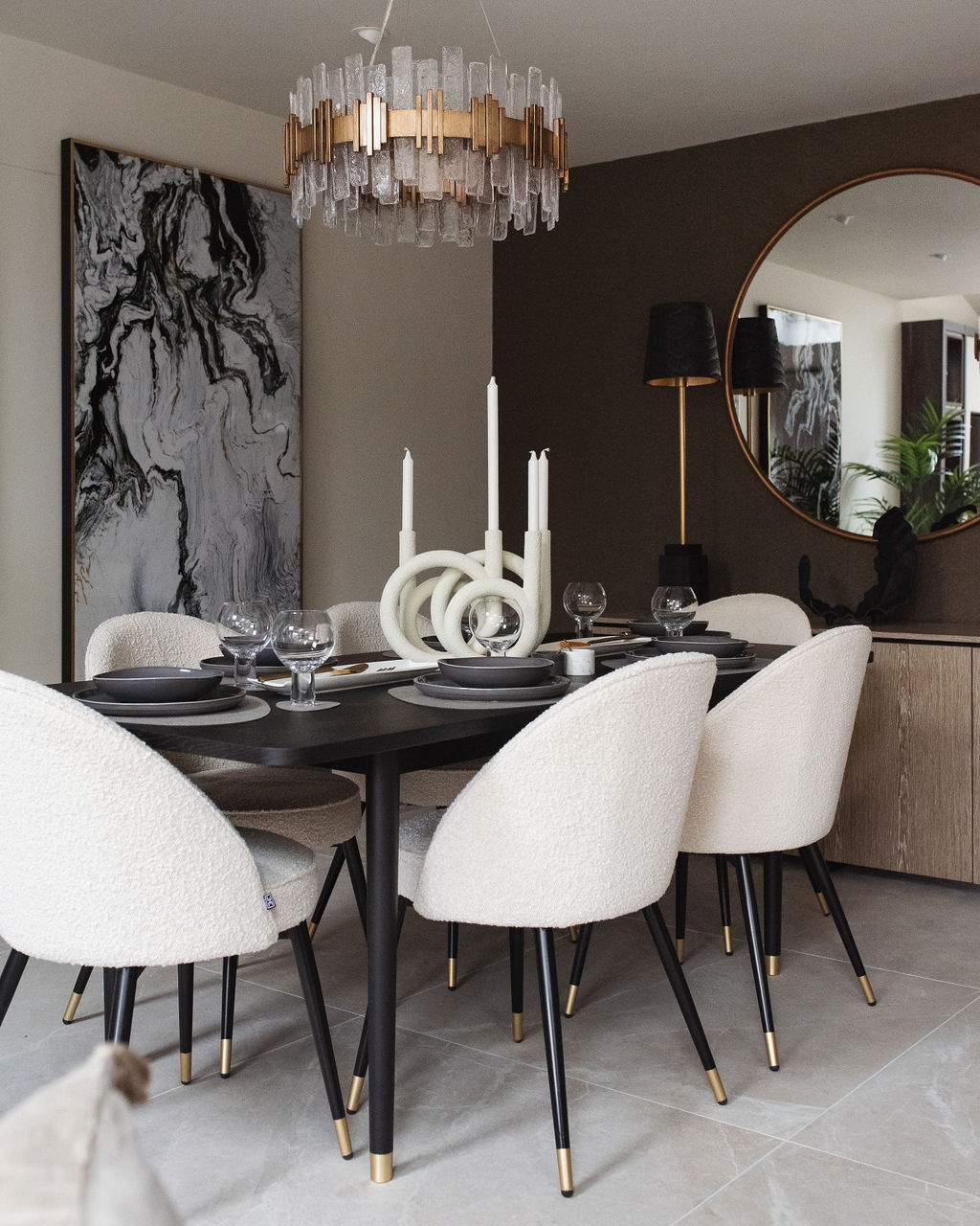 interior design case study image of a dining area with table and six chairs