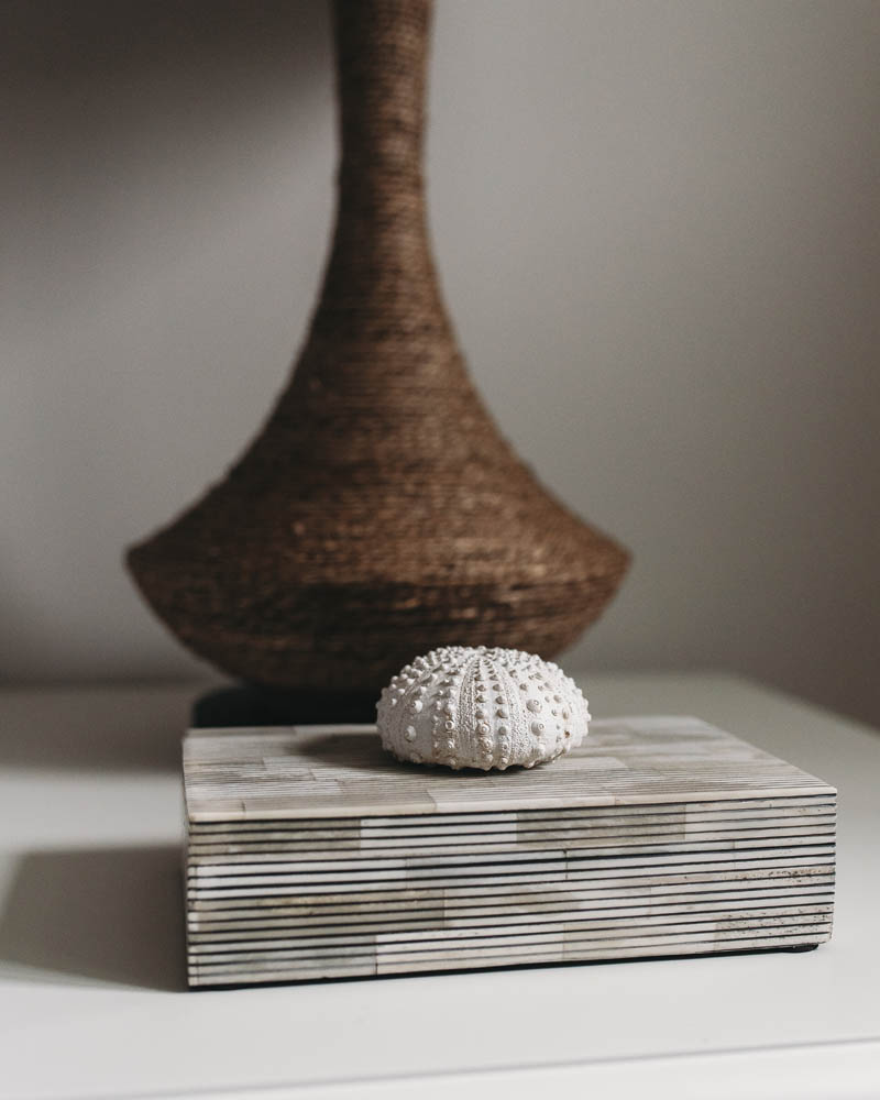 a trinket box with a shell on top of it